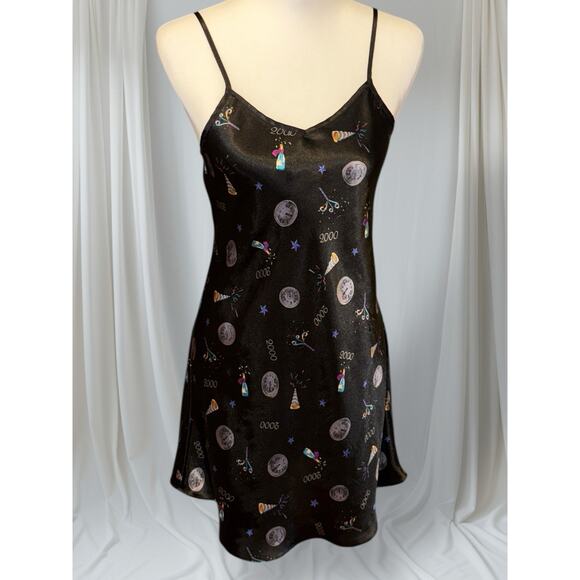 Vintage Jones NY Y2K 2000 Satin Slip Dress Black Moon Whimsygoth Party Print NYE - Picture 1 of 8